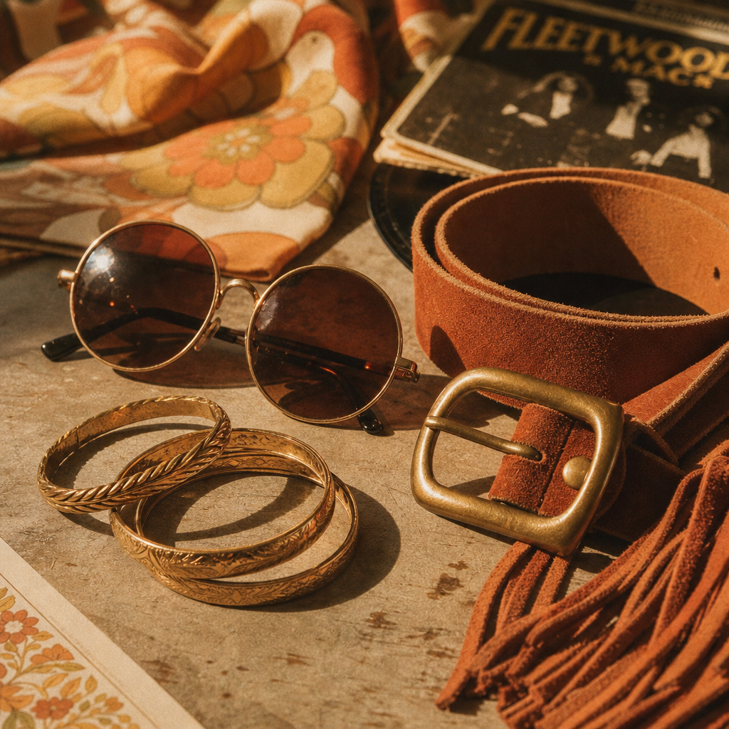 assorted standout vintage accessories including round sunglasses, gold bangles, and a suede belt