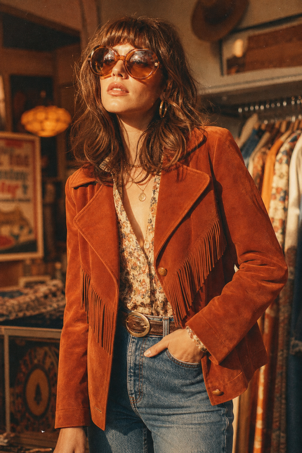 Model wearing a rust-orange 1970s suede jacket with wide lapels and high-waisted denim, photographed in warm sunlight with soft film grain