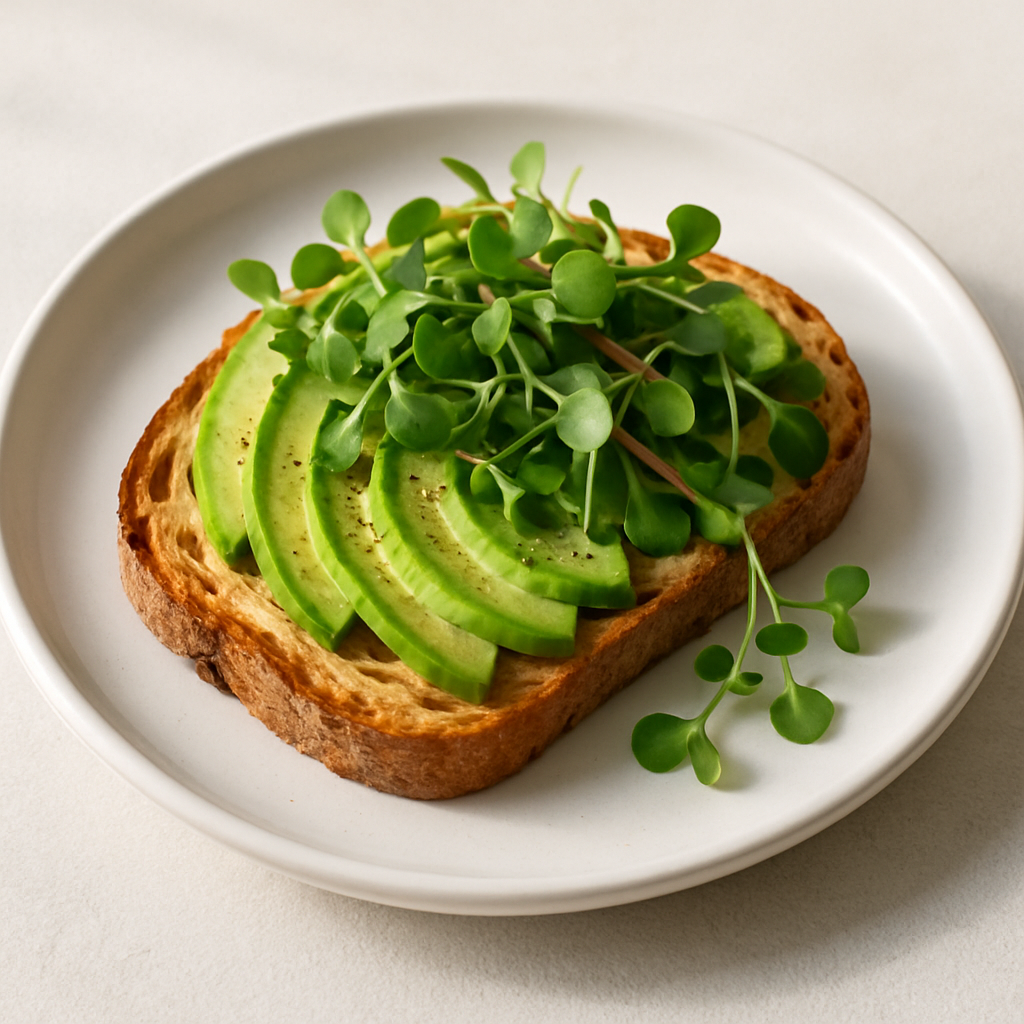 Avocado toast with microgreens on rustic bread on a white plate