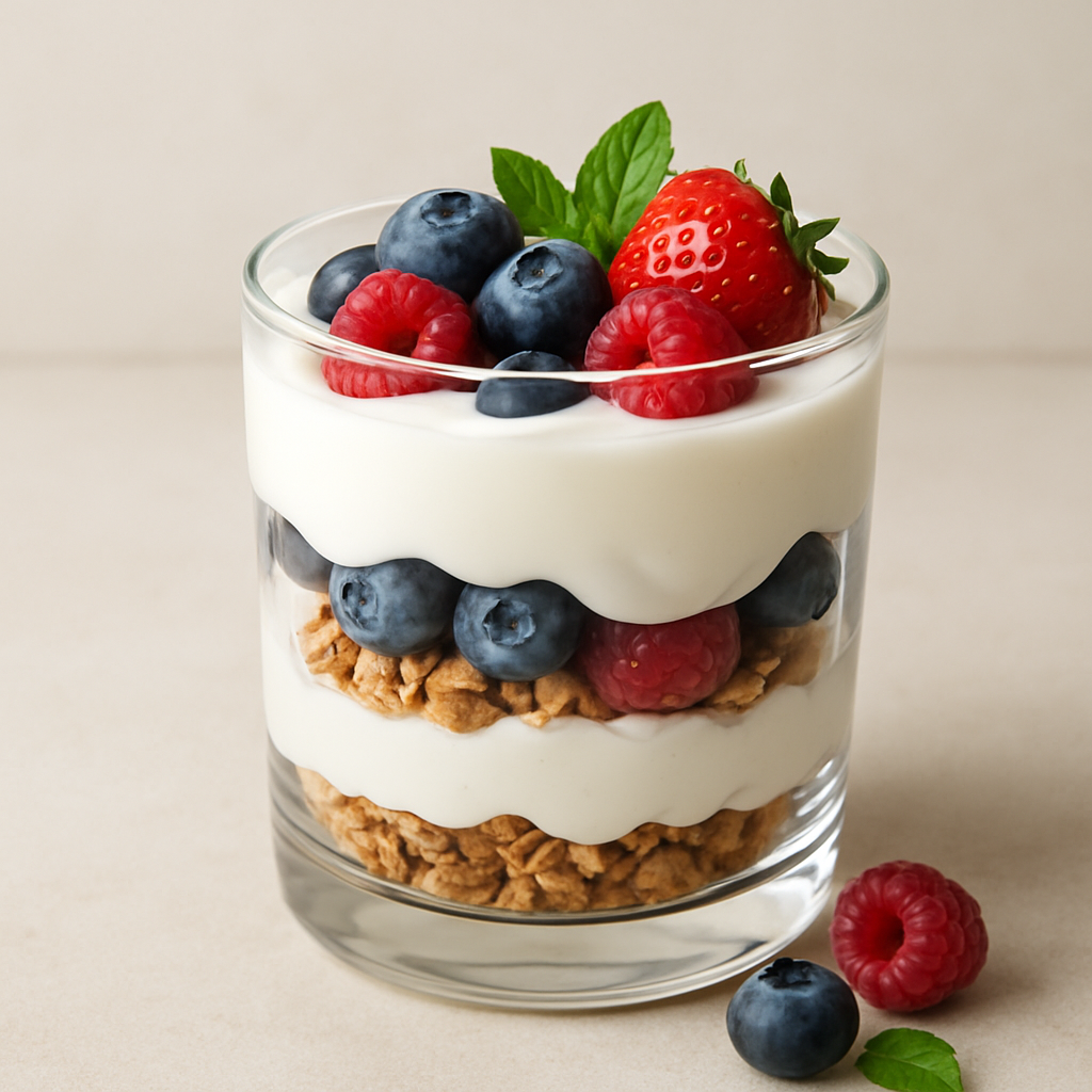 Layered berry parfait in a glass with granola, yogurt, and fresh berries