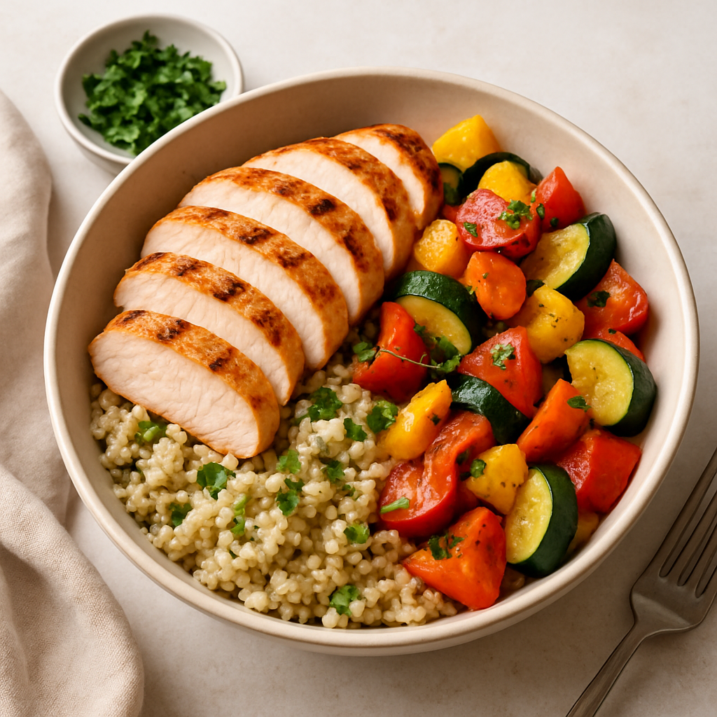 Grilled chicken breast sliced and served on a bowl of quinoa with roasted vegetables and a sprinkle of herbs
