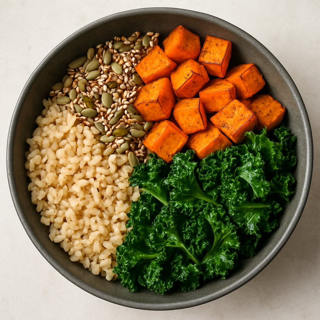 Hearty grain bowl with brown rice, roasted sweet potato, kale, and seeds
