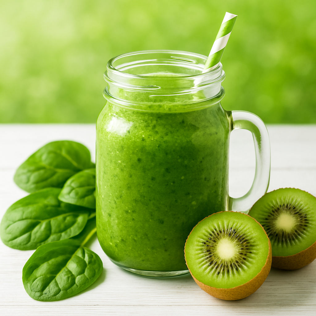 Green smoothie in a mason jar with spinach and kiwi on the side