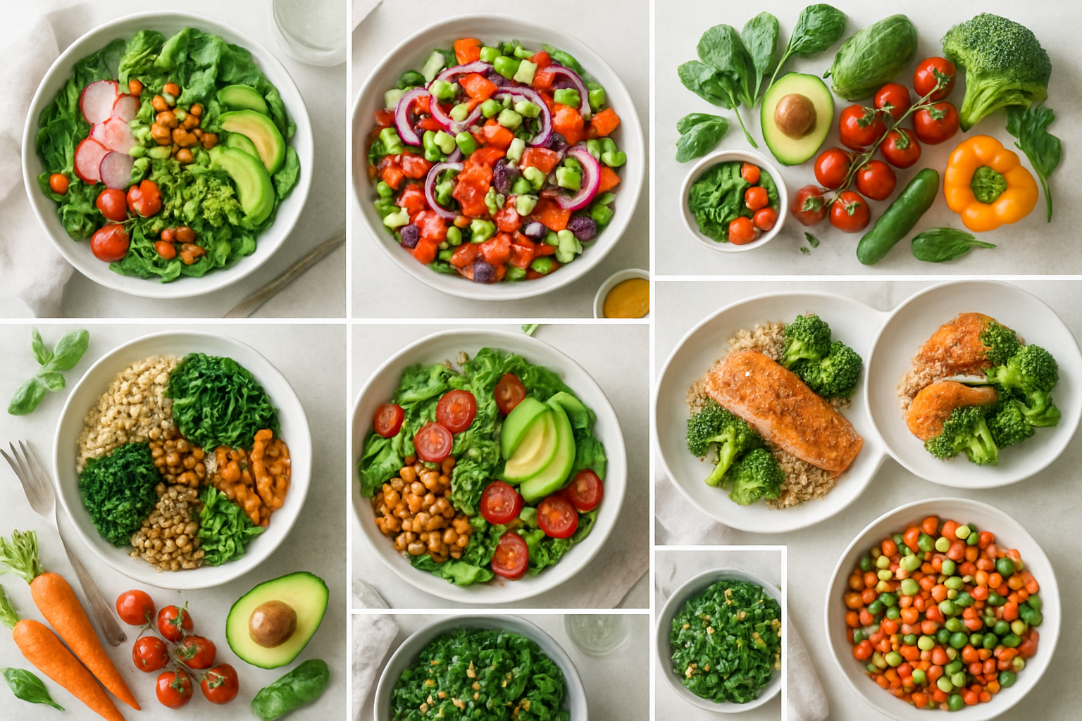 A collage of healthy food photos featuring vibrant salads, fresh produce, and plated meals, arranged in a modern, dynamic layout
