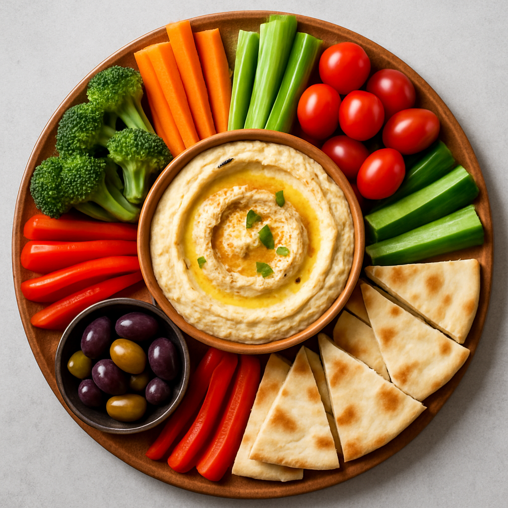 Hummus platter with assorted fresh vegetables, pita wedges, and olives on a wooden board