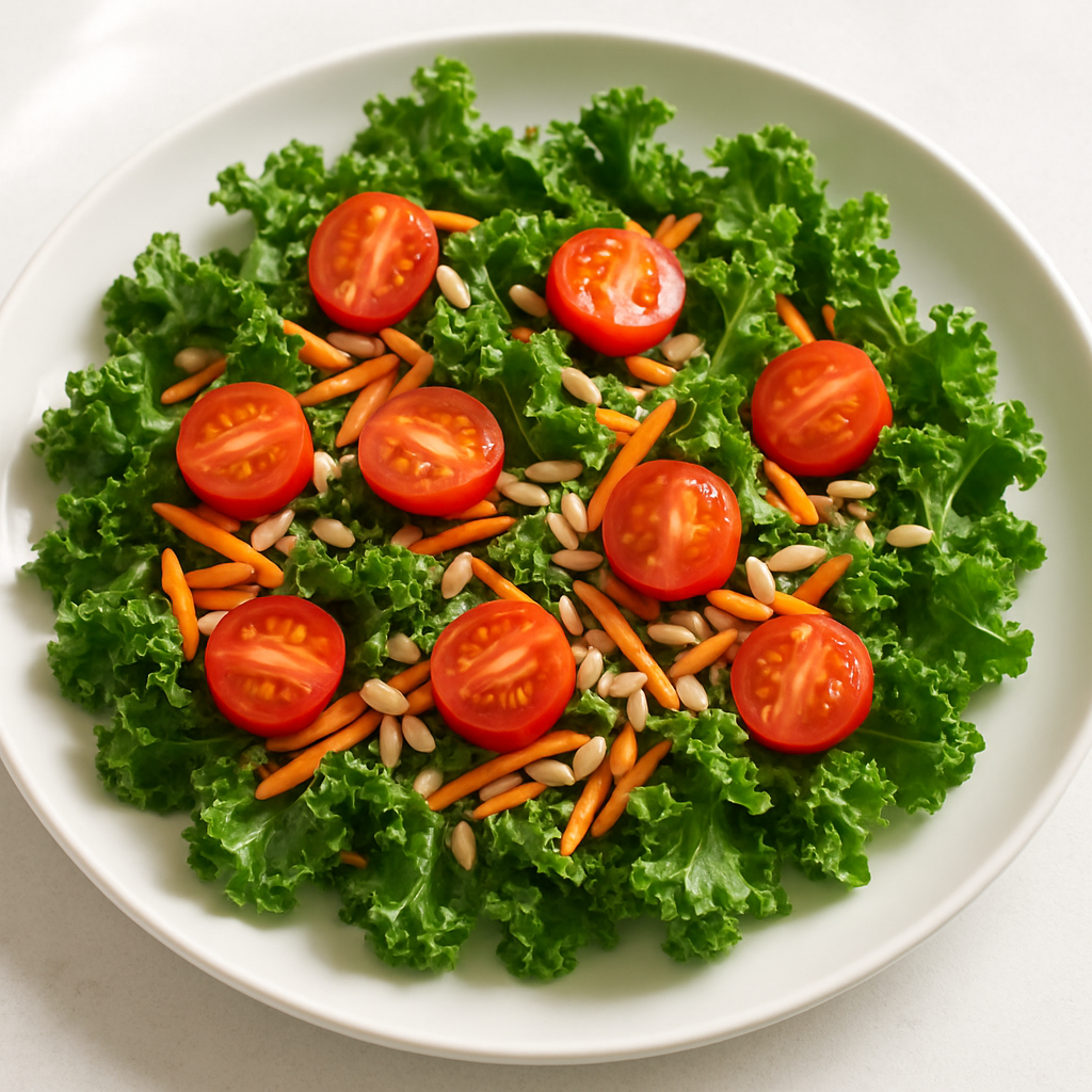 Fresh kale salad with cherry tomatoes, shredded carrots, and sunflower seeds on a white plate