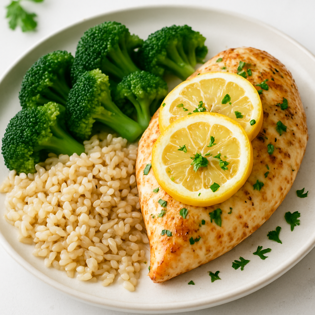 Oven-baked chicken breast garnished with lemon slices and fresh herbs, served with steamed broccoli and brown rice