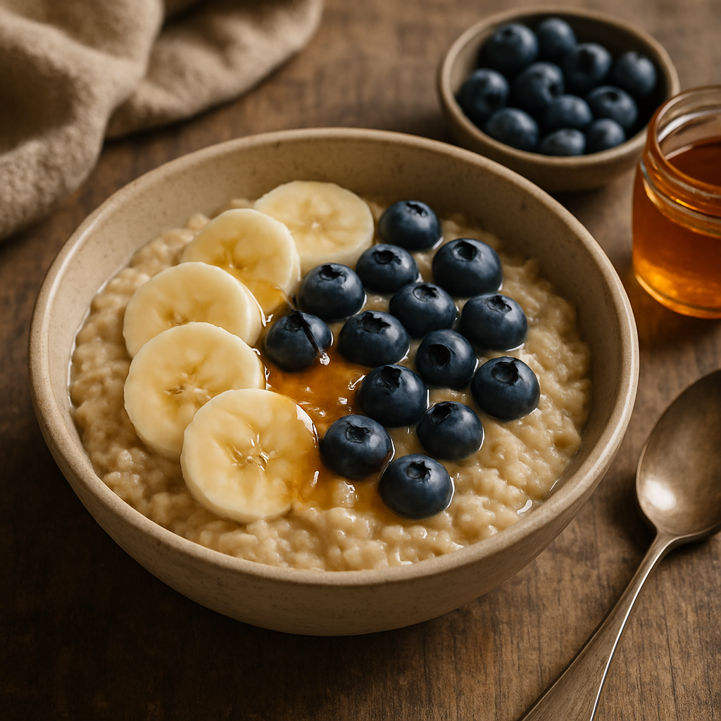 Warm oatmeal bowl topped with banana slices, blueberries, and a drizzle of honey