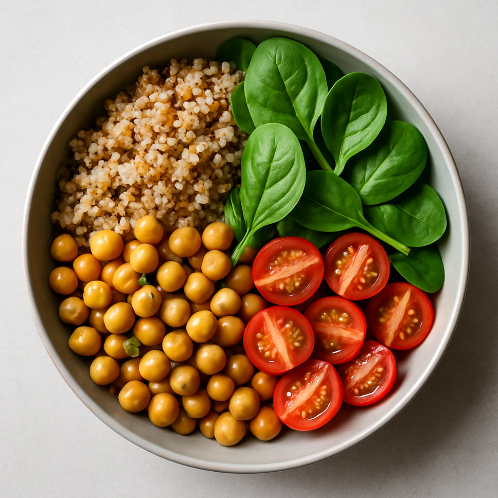 Colorful vegetable bowl with quinoa, spinach, tomatoes, and chickpeas