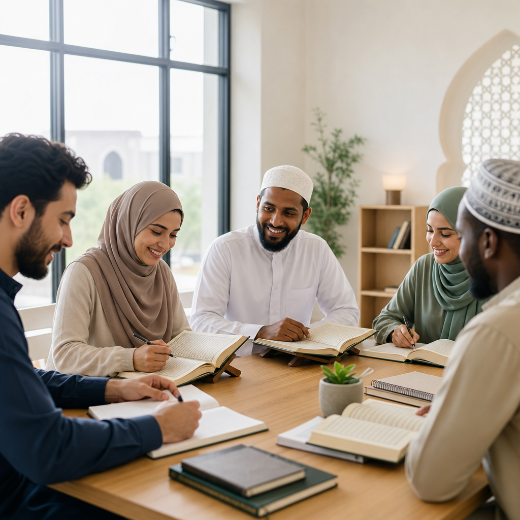 Diverse group of adults studying the Quran together in a bright modern learning space
