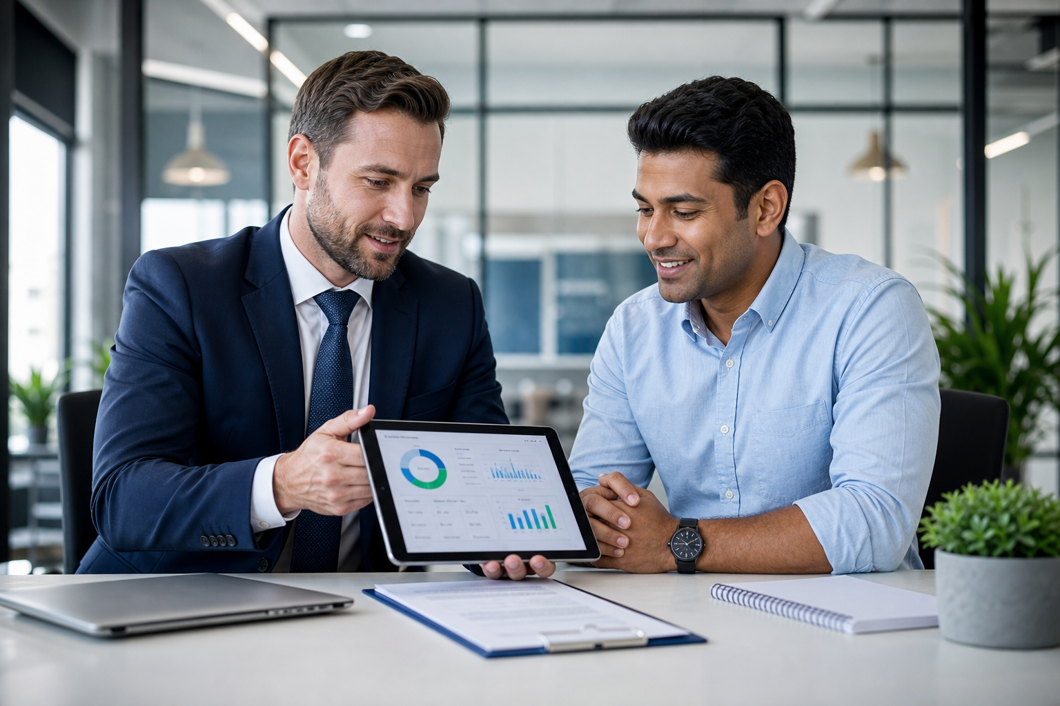 Professional financial advisor reviewing a digital loan dashboard with a small business owner in a modern office