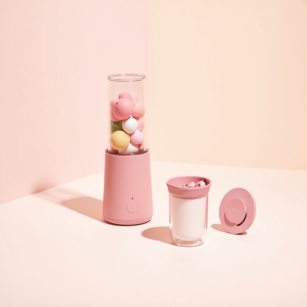 Compact portable blender in soft pink with glass cup