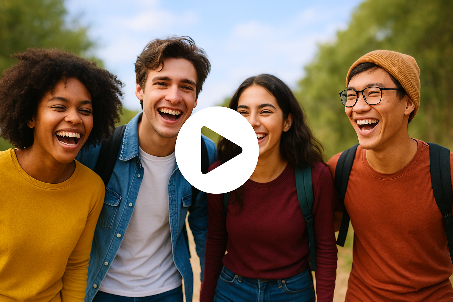 Large, vibrant video preview with play button overlay, showing a diverse group of young people laughing and exploring outdoors, energetic and modern style