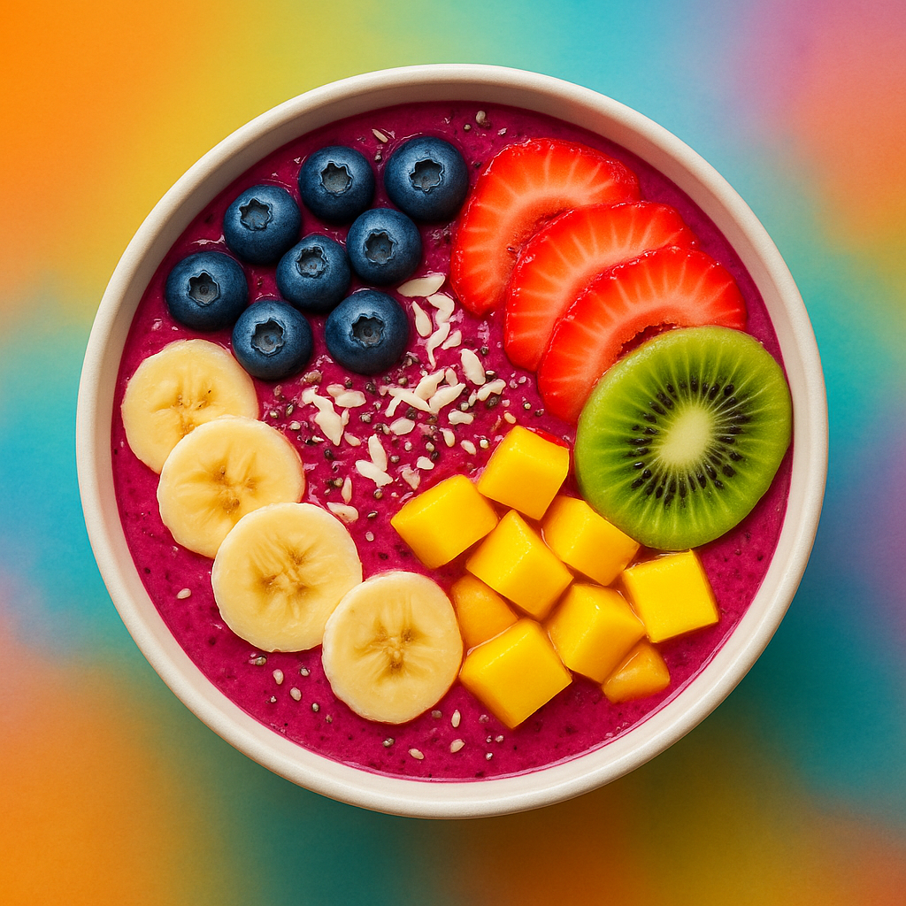 Colorful overhead shot of a smoothie bowl with fresh fruit, vibrant and healthy presentation