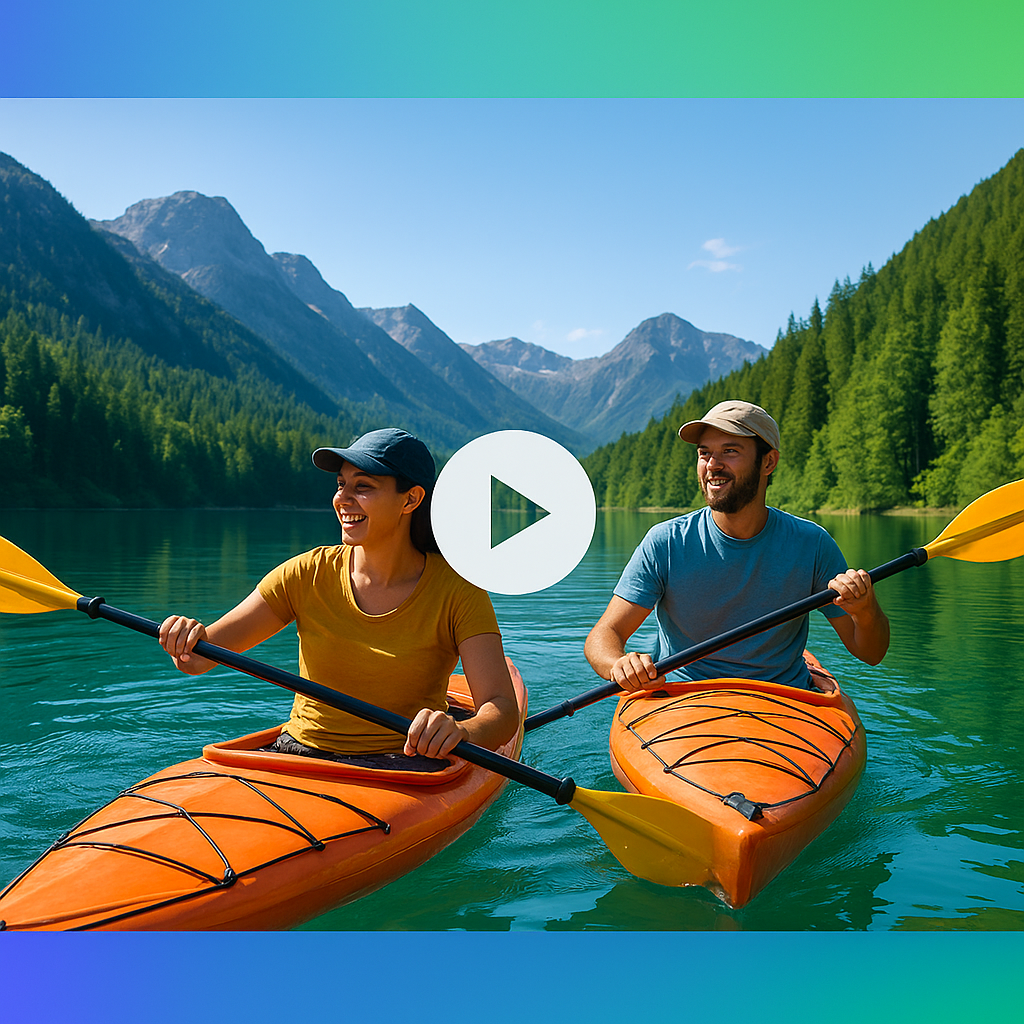 Travel photo of a mountain lake, two friends kayaking, crisp blue water and lush green trees