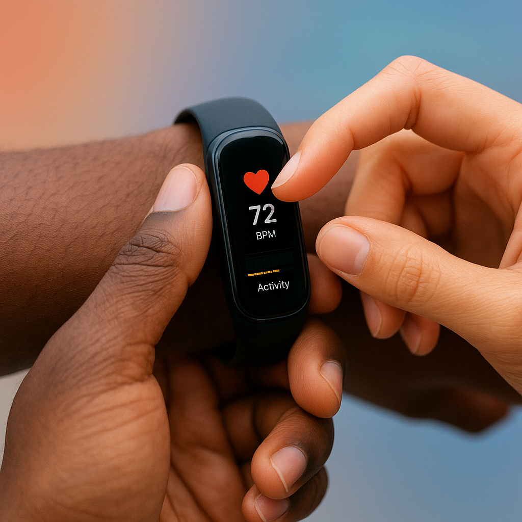 Closeup of hands holding a smart fitness tracker, modern technology, inclusive skin tones