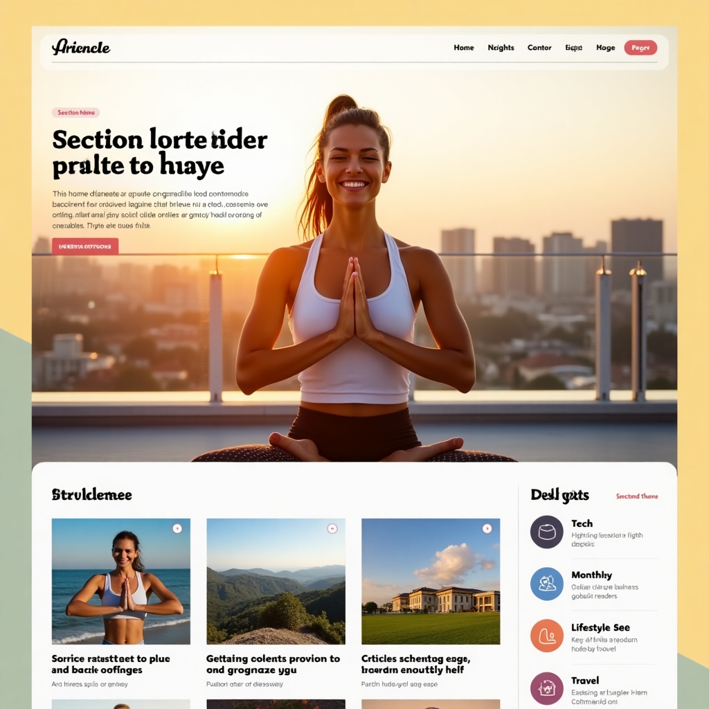 Smiling woman doing yoga on a rooftop at sunrise with a city skyline in the background