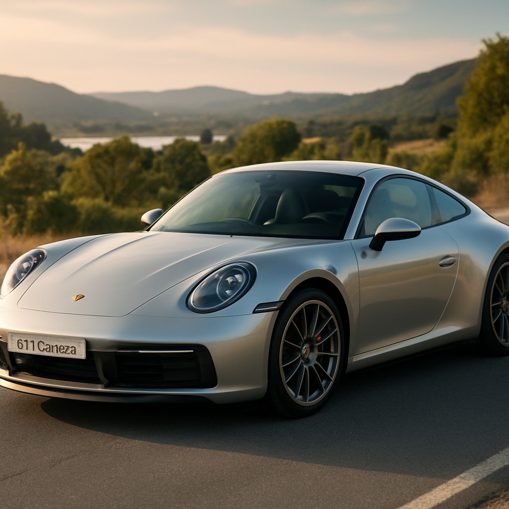 Porsche 911 Carrera in silver, angled side view on a scenic road