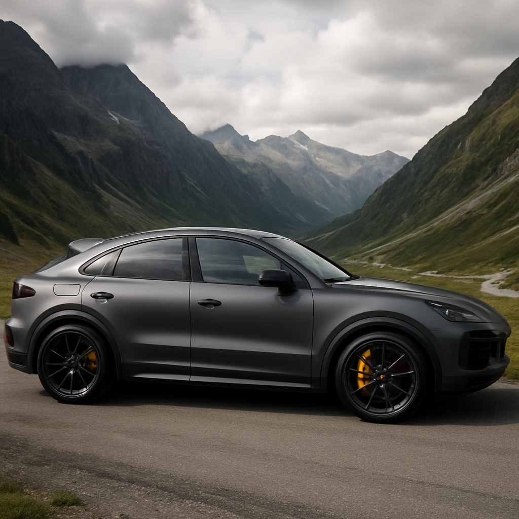 Porsche Cayenne Turbo GT in matte grey, side profile in a mountain pass setting