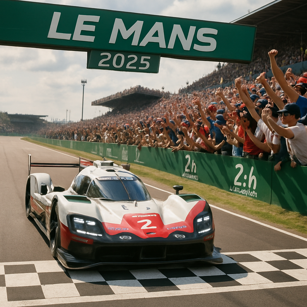Porsche race car crossing the finish line at Le Mans 2025 with a cheering crowd
