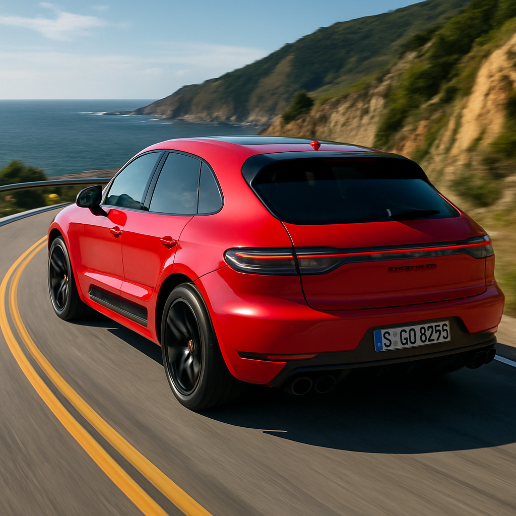 Porsche Macan GTS in racing red, three-quarter rear view on a winding coastal road