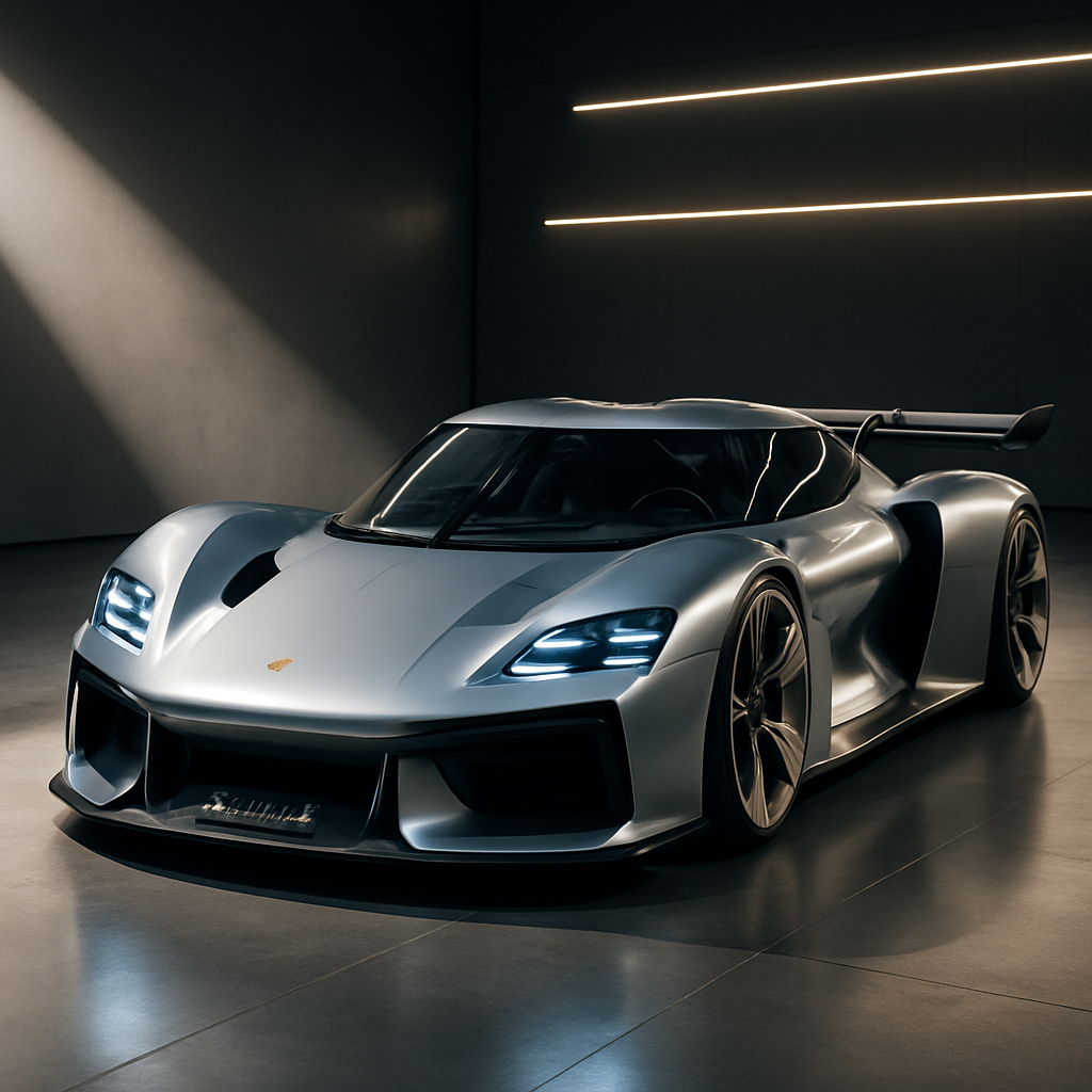 Porsche Mission X concept car parked on a sleek showroom floor with dramatic lighting