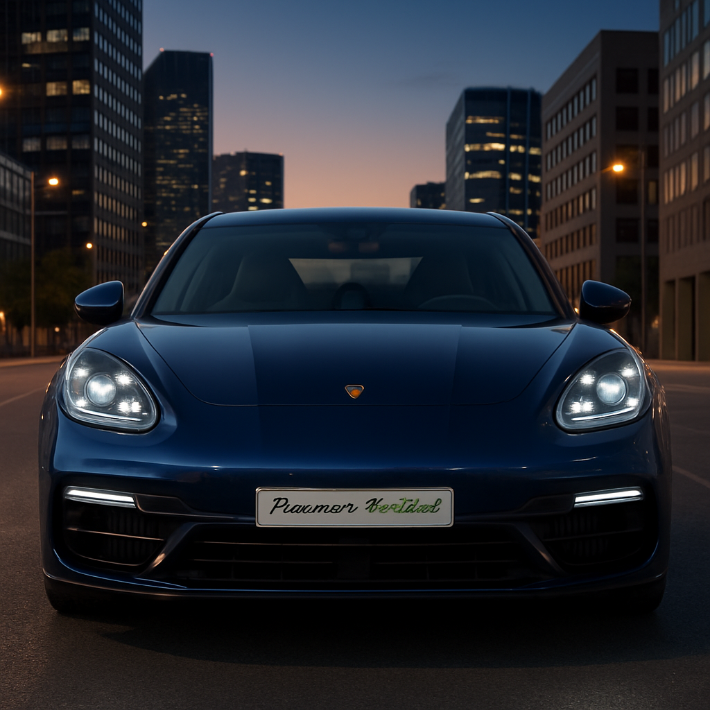Porsche Panamera 4 E-Hybrid in deep blue, front view in a cityscape at dusk