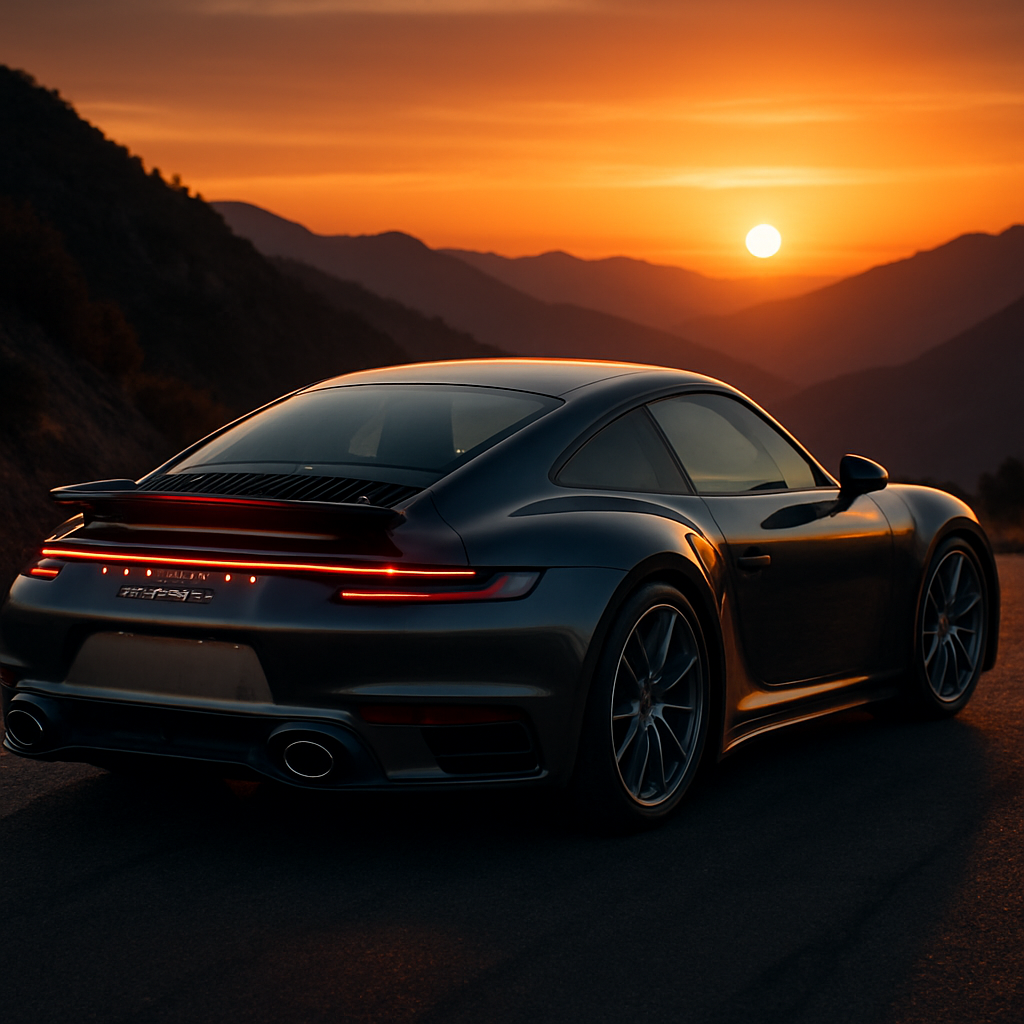 Porsche 911 Turbo parked on a mountain road at sunset, highlighting its aerodynamic curves
