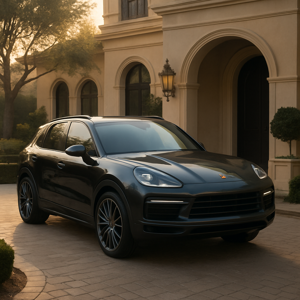 Porsche Cayenne SUV in a luxurious driveway, combining power and elegance