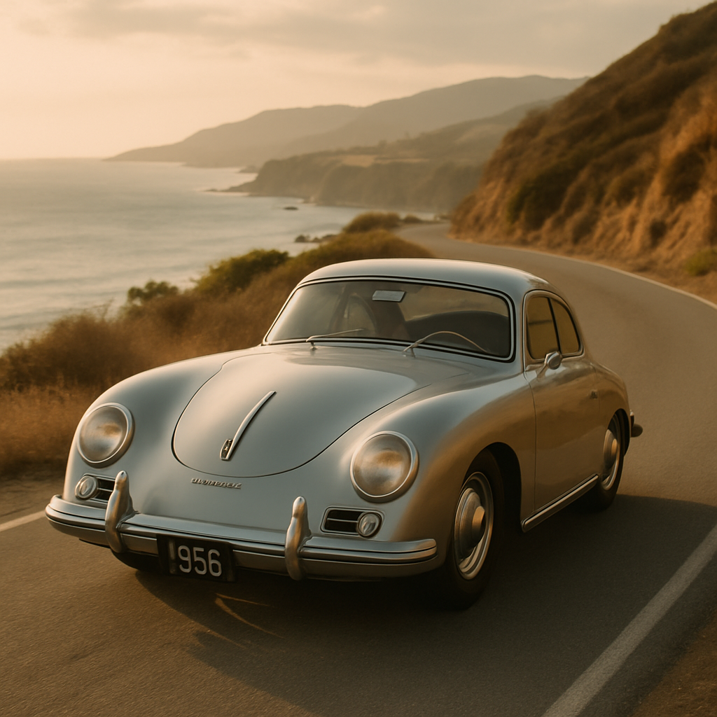 Vintage Porsche 356 classic car on a scenic coastal road, evoking heritage