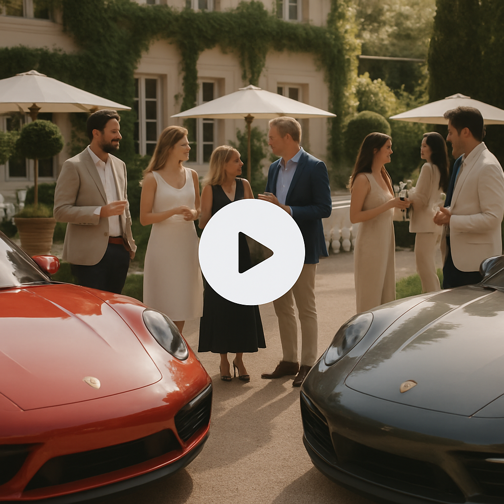 Porsche owners enjoying a luxury lifestyle event, socializing near cars, video play overlay