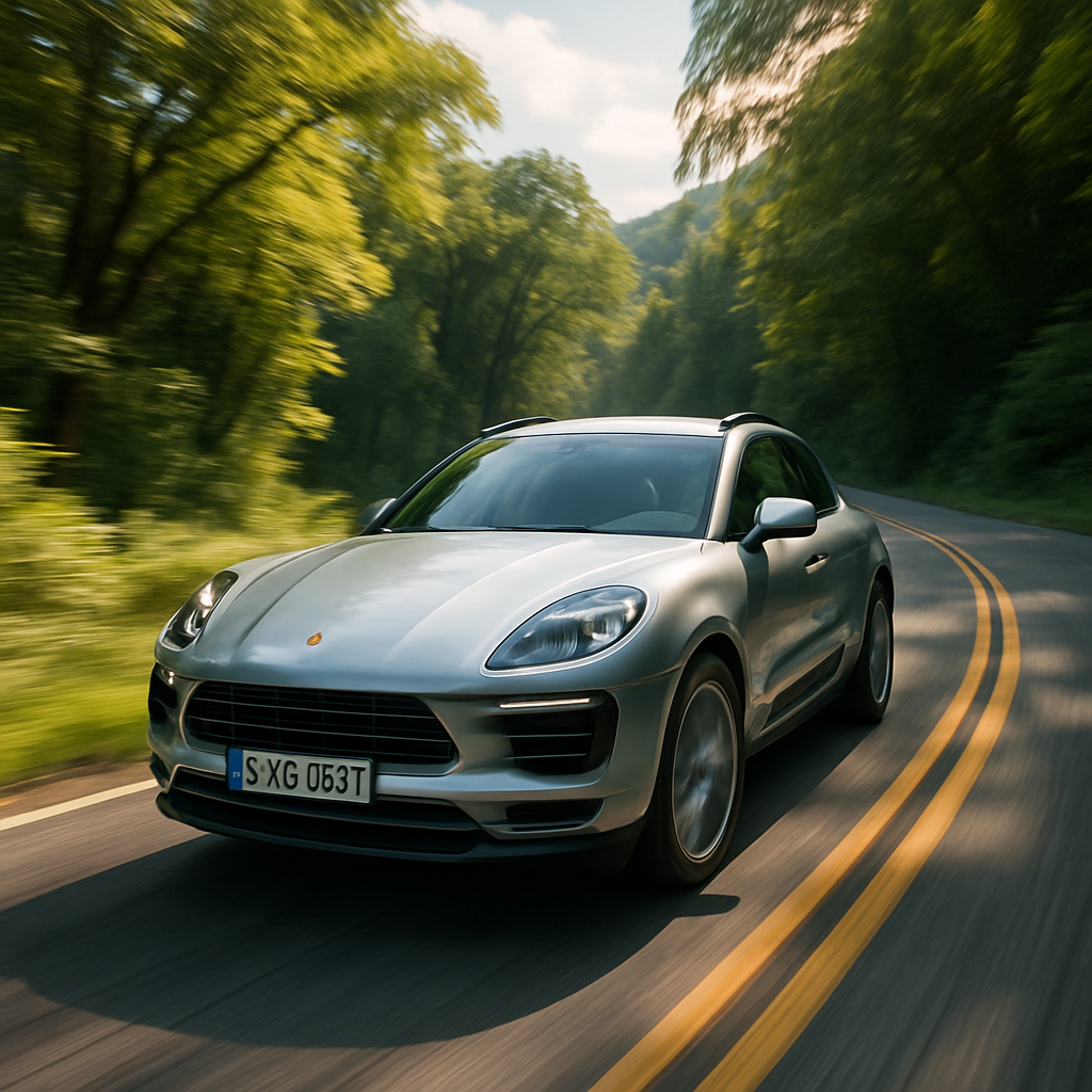 Porsche Macan speeding on a winding road, surrounded by lush nature