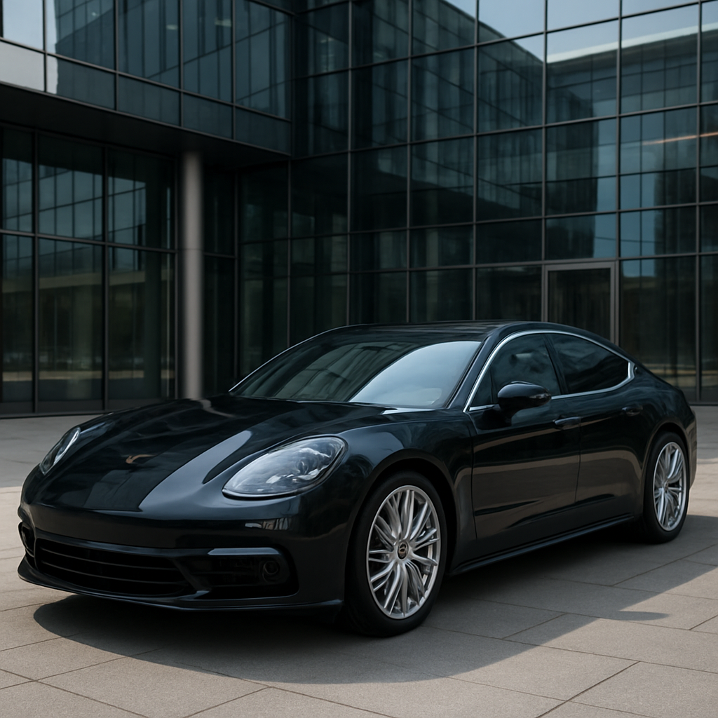 Porsche Panamera in front of a modern glass building, emphasizing luxury sedan styling