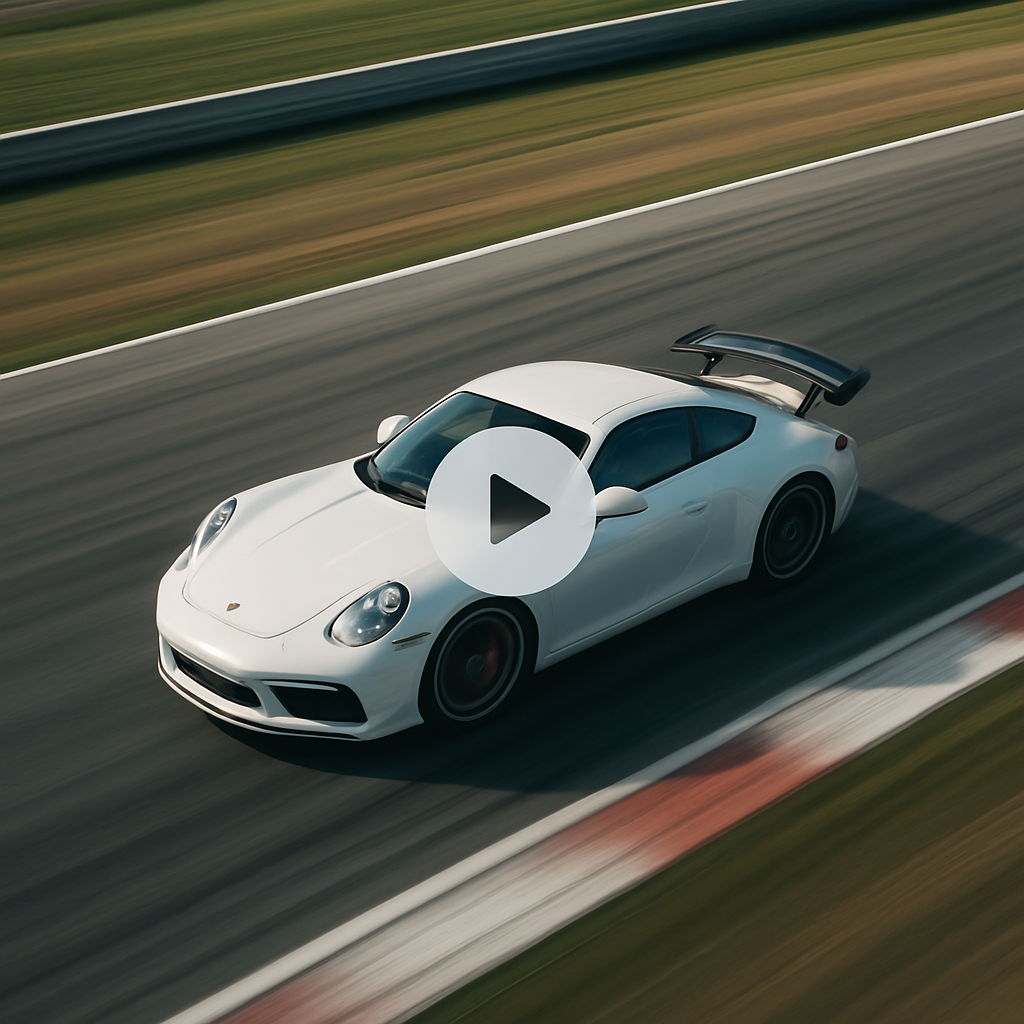 Aerial view of a Porsche sports car racing on a track, dynamic motion blur, video play overlay