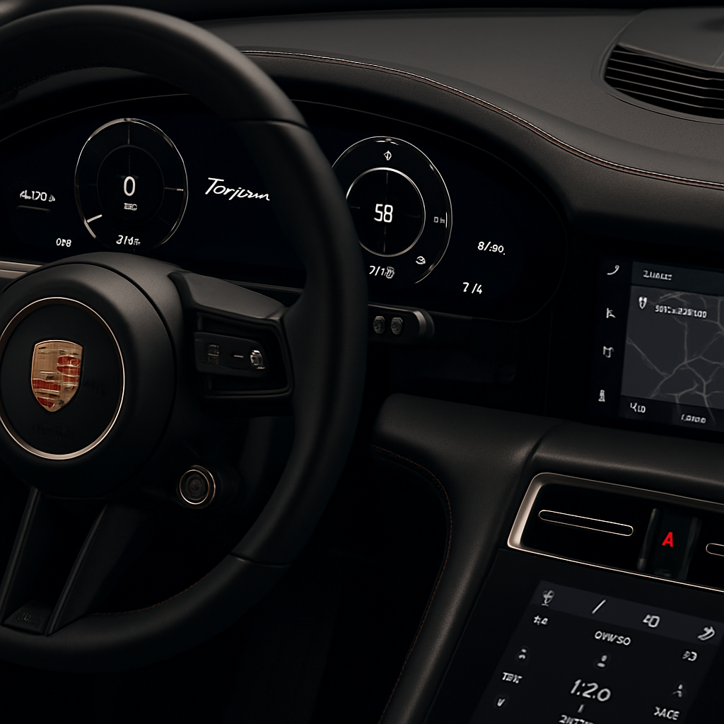 Close-up of the Porsche Taycan dashboard showing digital innovation and luxury details