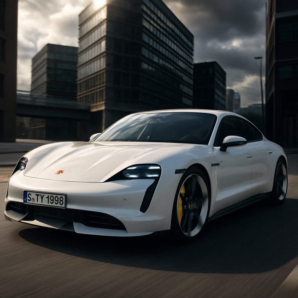 Porsche Taycan Turbo S in white, dynamic front three-quarter view on an urban street