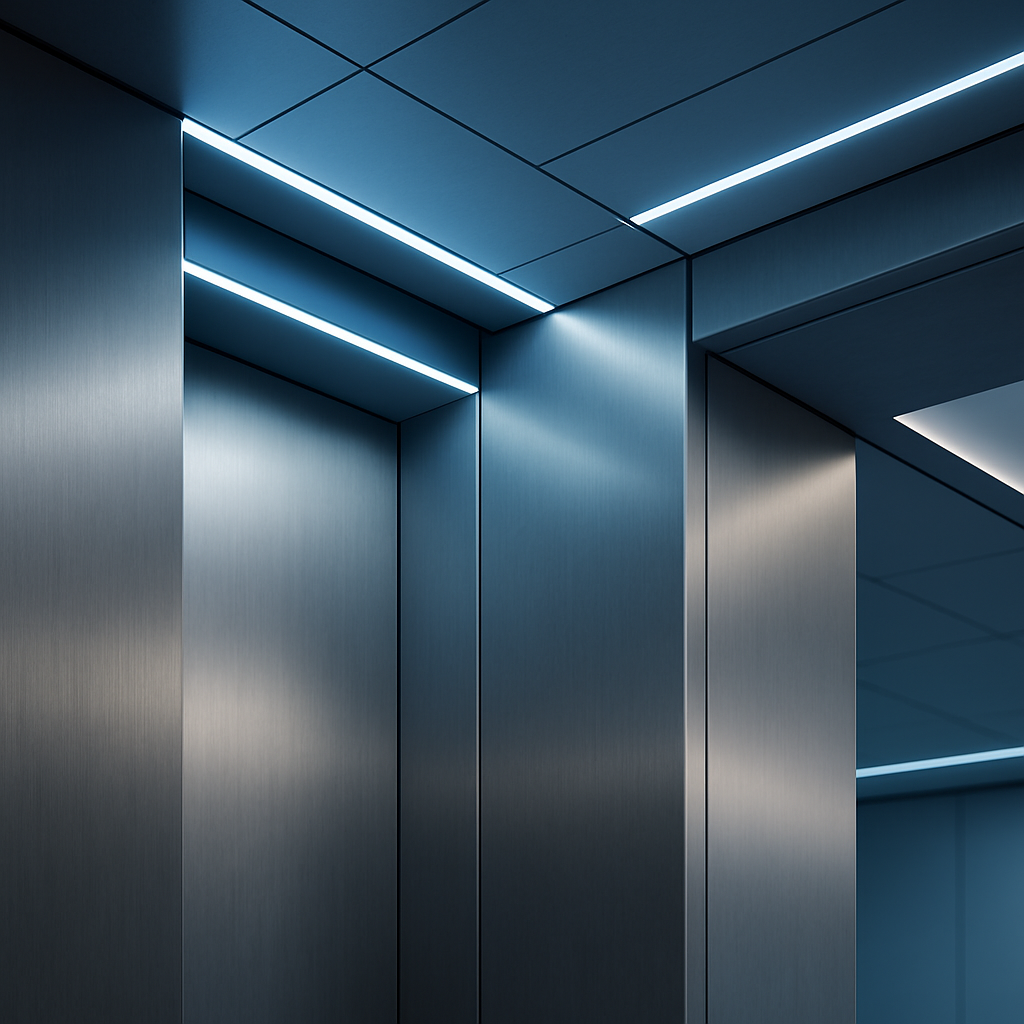 Close-up of a premium technology interior detail with brushed metal surfaces, slim blue light strips, and geometric ceiling panels, no people