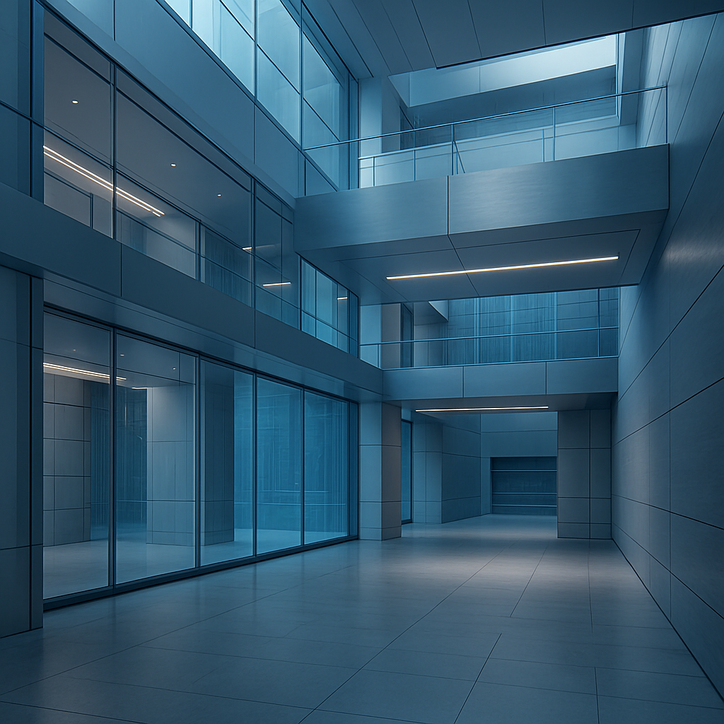 Photorealistic high-end technology atrium with clean architectural lines, layered glass panels, refined metal surfaces, and soft blue ambient lighting, no people