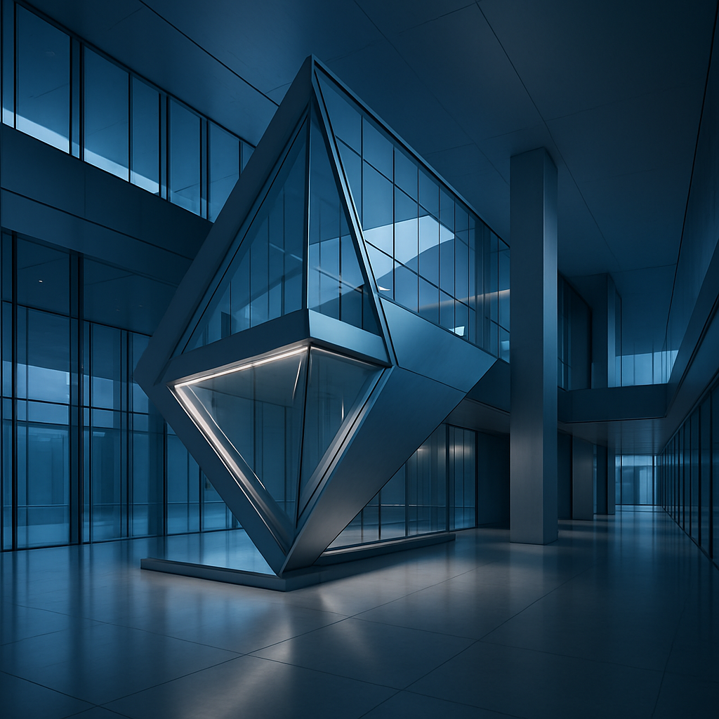 Photorealistic high-end technology atrium with clean architectural lines, layered glass panels, refined metal surfaces, and soft blue ambient lighting, no people