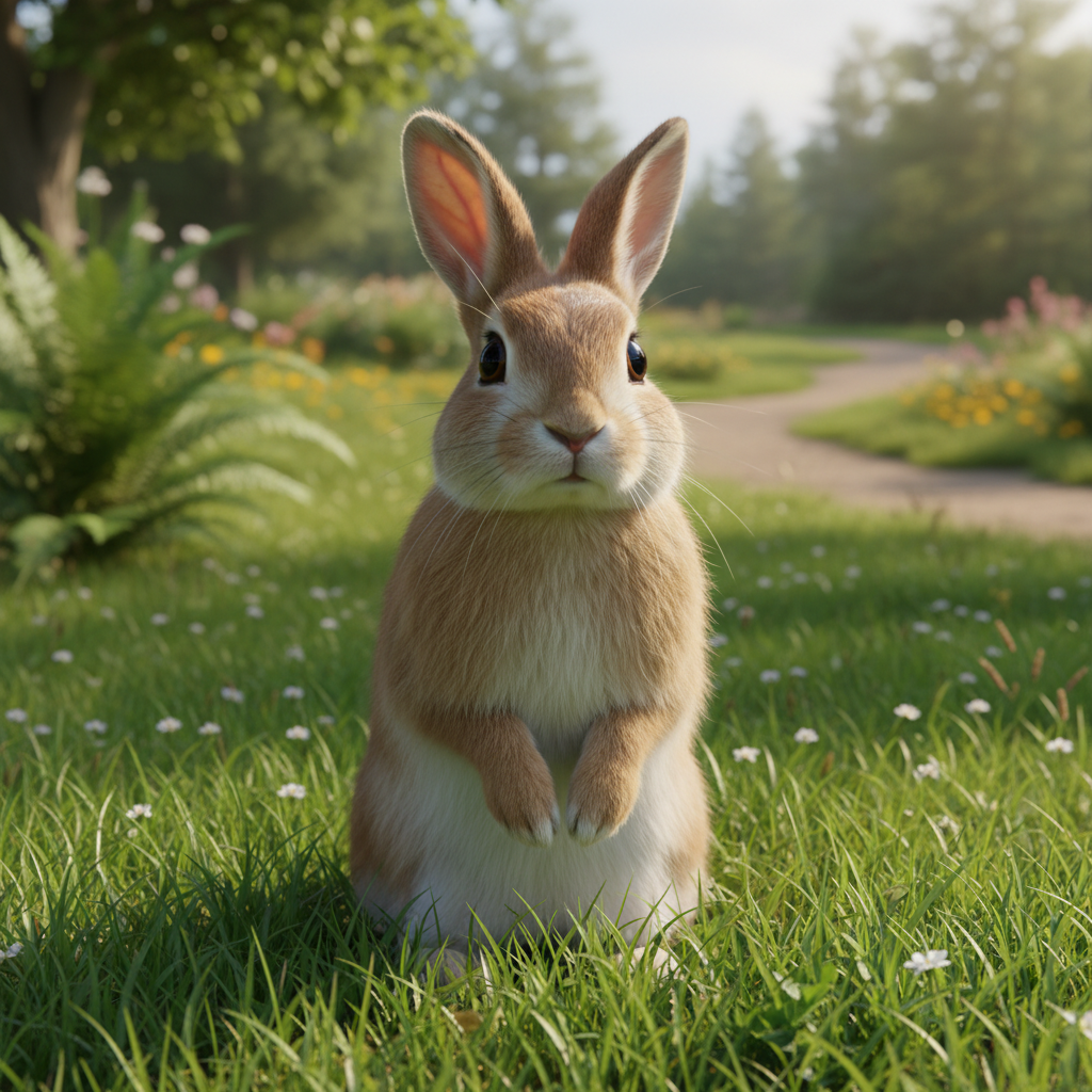 Playful, realistic bunny sitting upright in the grass, looking curious and friendly, with a natural outdoor background.