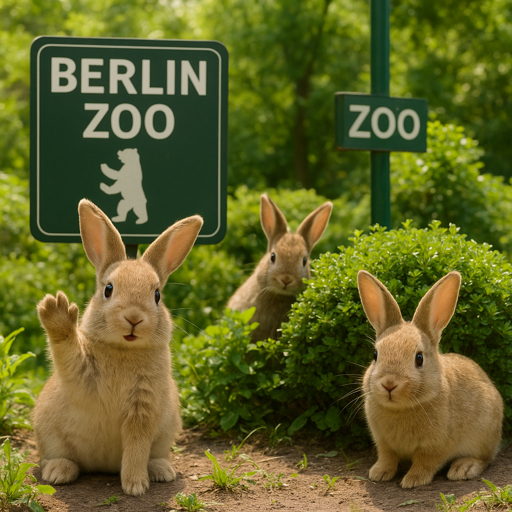 Playful realistic rabbit family in Berlin Zoo setting, one bunny waving paw and another peeking from behind a bush, surrounded by zoo signage and greenery, with a cheerful vibe