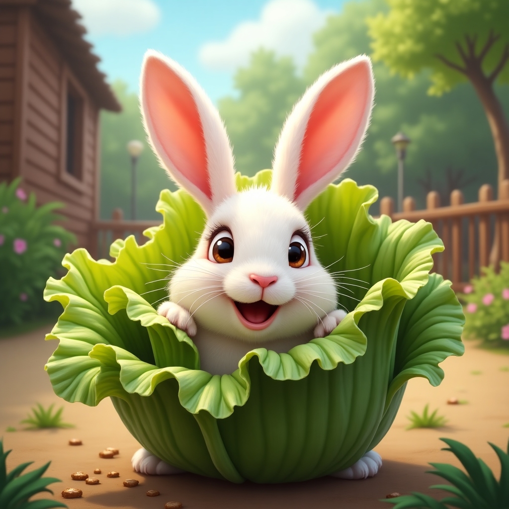Rabbit peeking out of a lettuce with wide eyes and crumbs on face