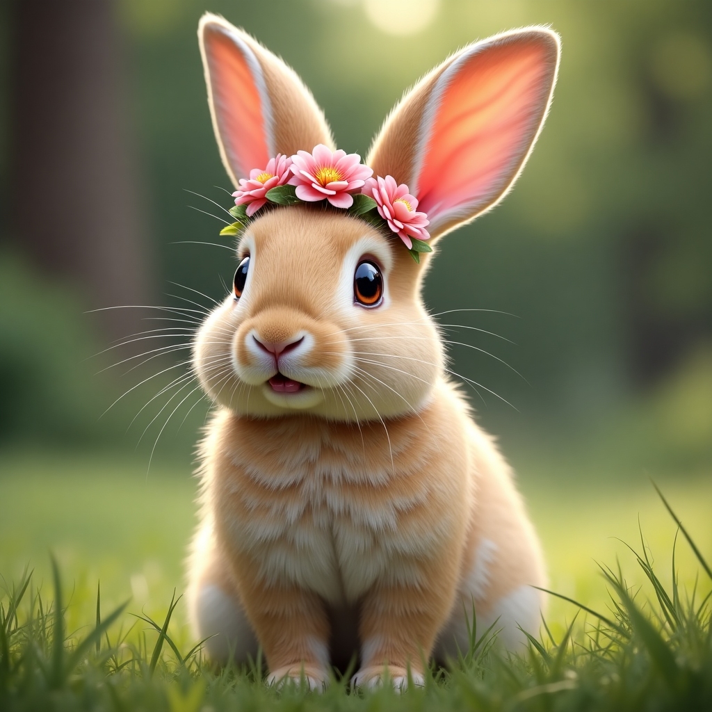 Rabbit wearing a tiny flower crown, looking proud in front of green grass