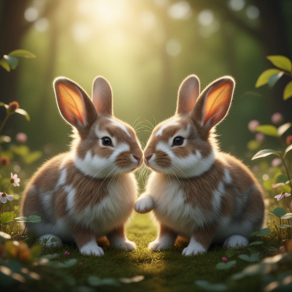 Two rabbits snuggling