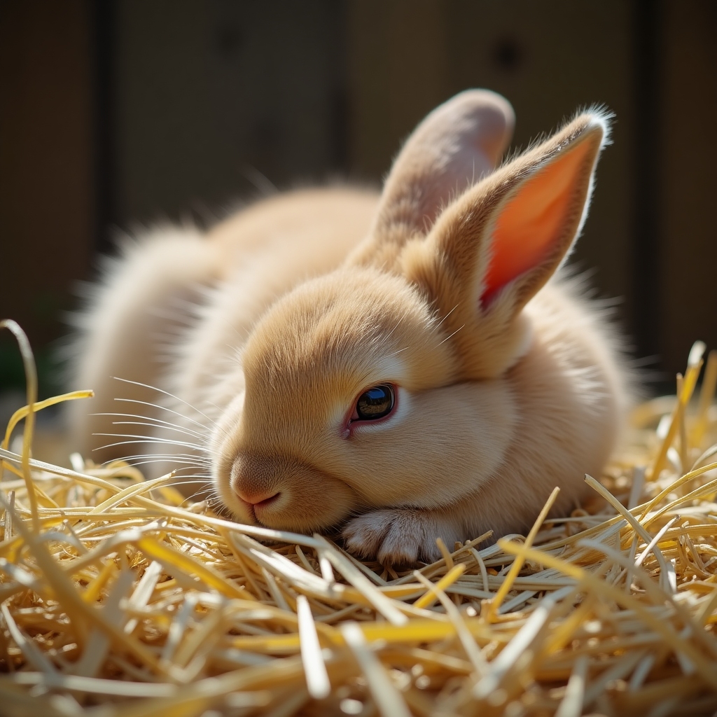 Rabbit sleeping atop a pile of soft hay, one ear flopped over its eyes