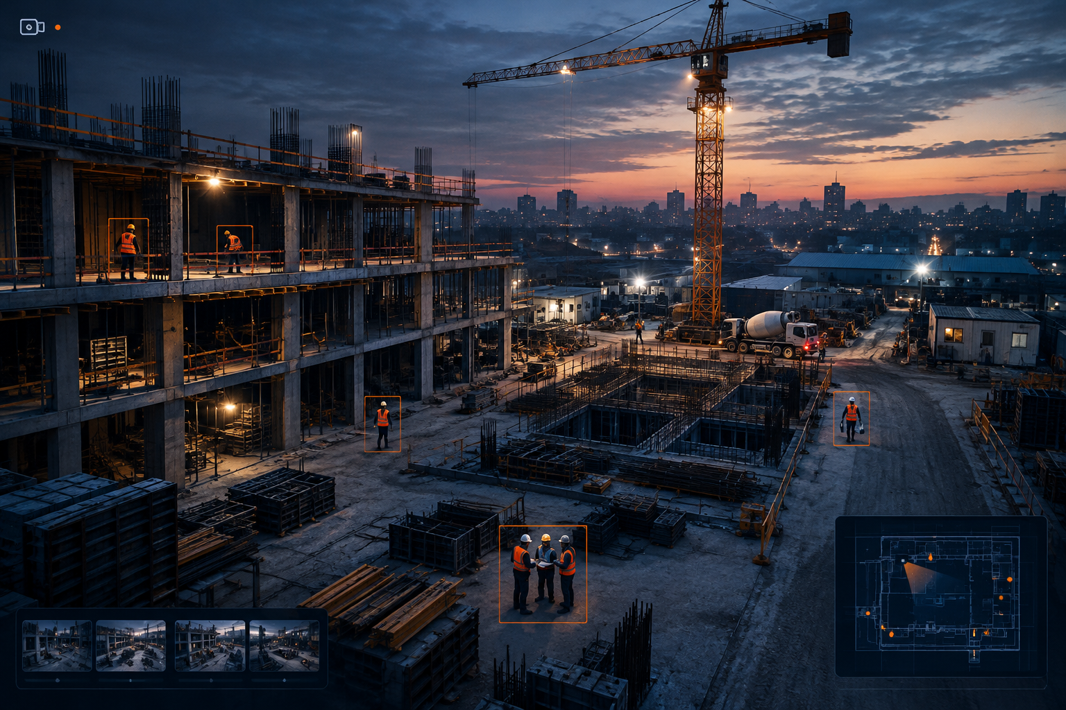 Dark construction site CCTV-style scene with cranes, workers, concrete frame, and AI monitoring overlays
