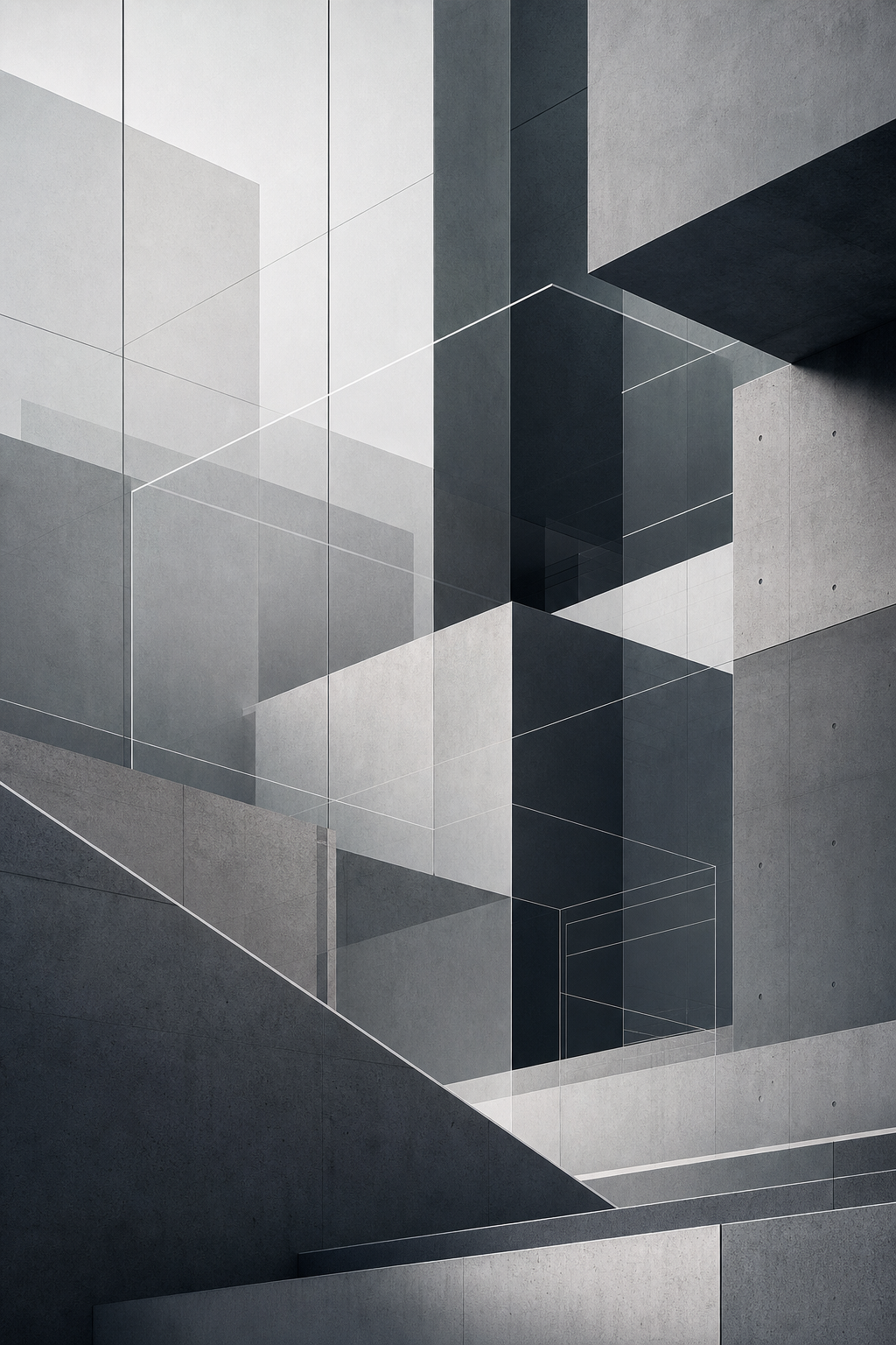 Abstract structural composition with layered architectural planes and precise geometric lines suggesting enterprise systems, scale, and ordered clarity