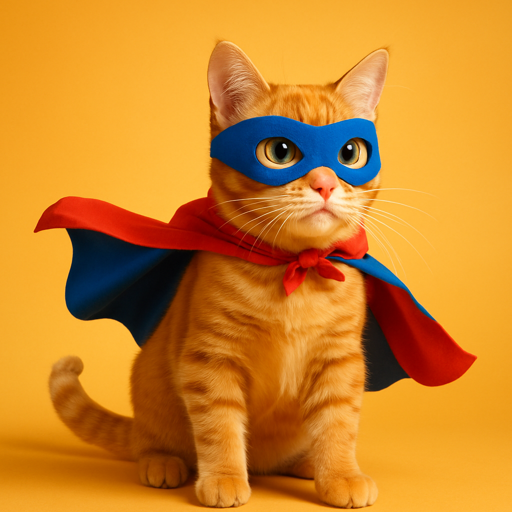 orange tabby cat wearing a tiny superhero cape and mask, heroic pose, bright studio light