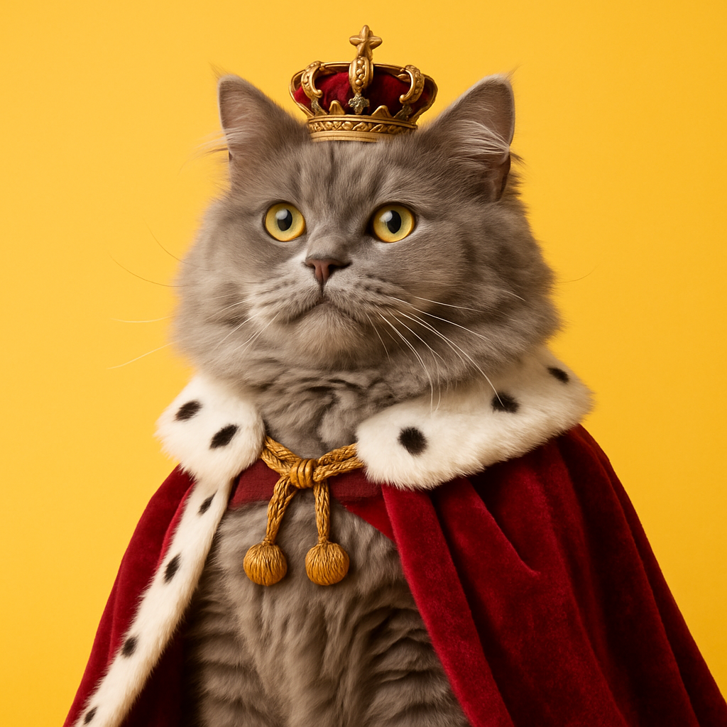 fluffy gray cat dressed as a historical monarch with a miniature crown and velvet robe