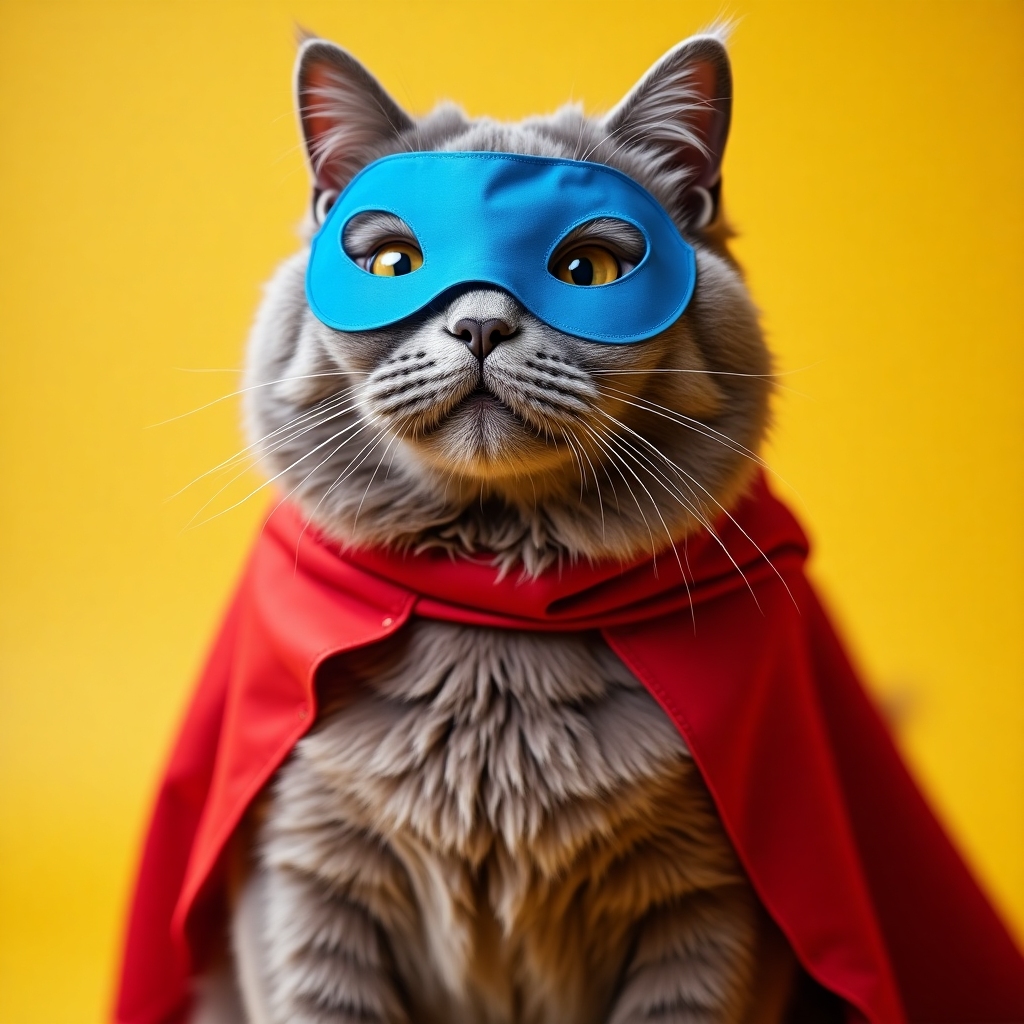 Chubby gray cat in a red superhero cape and blue mask, posing confidently on a colorful studio backdrop
